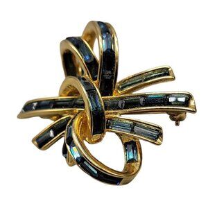 Nolan Miller Bow Brooch Baguette Rhinestones Vintage Retired Knot Gold Plated